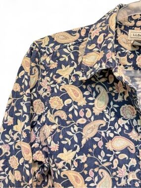 L.L.Bean navy blue pink paisley corduroy cotton button up shirt boho cottagecore
